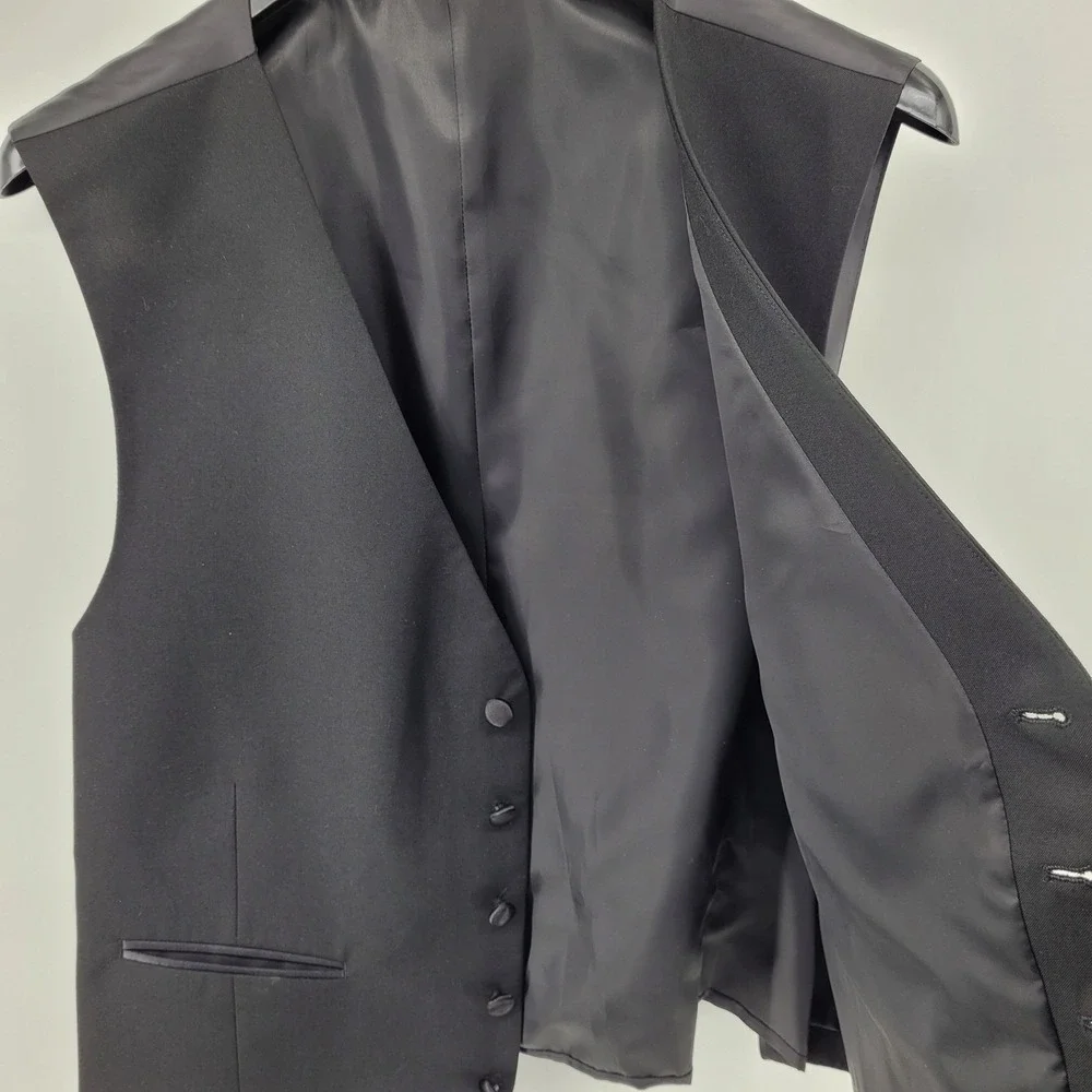 Van Heusen Mens 44L Formal Black Tuxedo Jacket Vest Set Satin Trim Wedding Prom